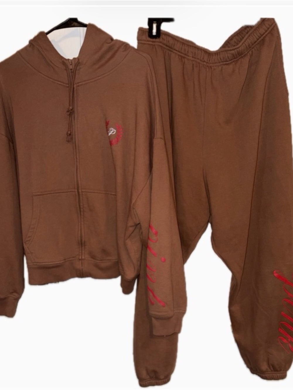 Victoria’s Secret PINK Oversized Hoodie Jogger Set Brown Red Logo XL/L - Picture 2 of 16